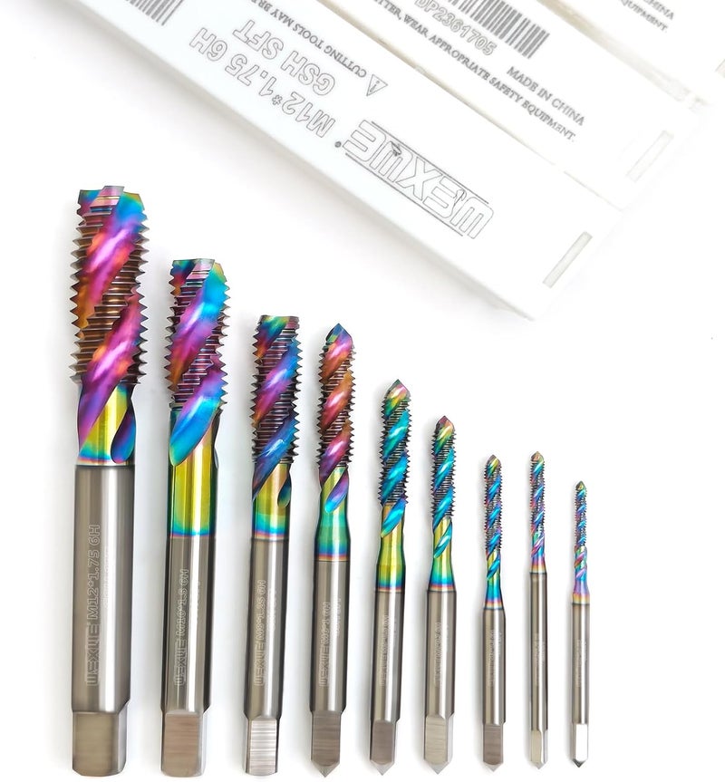 WEXWE Store Tools DLC Coating Spiral Flute Taps High Speed Steel (HSS) 3 Flutes Machine Screw Tap Set Metric M2 M2.5 M3 M4 M5 M6 M8 M10 M12 Thread Tapping Tool 9cps - Image 1